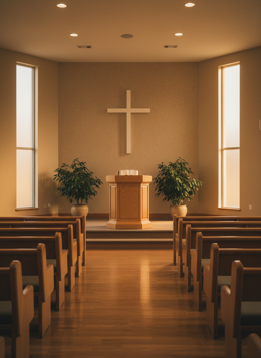 A warmly lit evangelical church sanctuary interior without people, featuring simple wooden pews with soft, earth-toned cushions leading toward a modest raised platform. At the center stands a light oak pulpit with an open Spanish Bible, beside a clean white cross mounted on a textured beige wall. On either side, lush green plants in ceramic pots add life and color. Natural late-afternoon light filters through tall frosted windows, mingling with discreet ceiling spotlights, creating gentle highlights on the wood grain and subtle shadows along the aisle. Photographic realism, shot at eye level with a slightly wide lens and sharp focus throughout, conveying a reverent, welcoming atmosphere suitable for a professional Christian ministry homepage.
