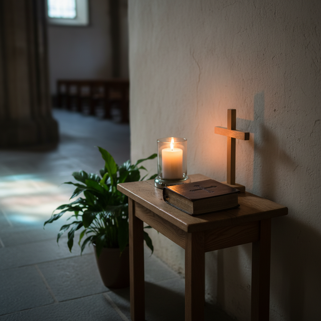 A serene prayer corner inside a church, photographed with no people present. A small wooden table holds a closed Spanish Bible with a dark leather cover, a simple wooden cross standing upright, and a lit white pillar candle in a clear glass holder. Behind the table, a neutral-colored wall features the subtle shadow of a cross cast by the candle’s warm flame. A potted green plant with broad leaves sits on the floor nearby, softening the space. The lighting is low and intimate, with the candle as the main source, supported by faint ambient light from a distant window, creating delicate highlights and gentle, elongated shadows. Shot at eye level with shallow depth of field, this photographic realism composition evokes quiet reflection and intimate prayer in a professional Christian setting.