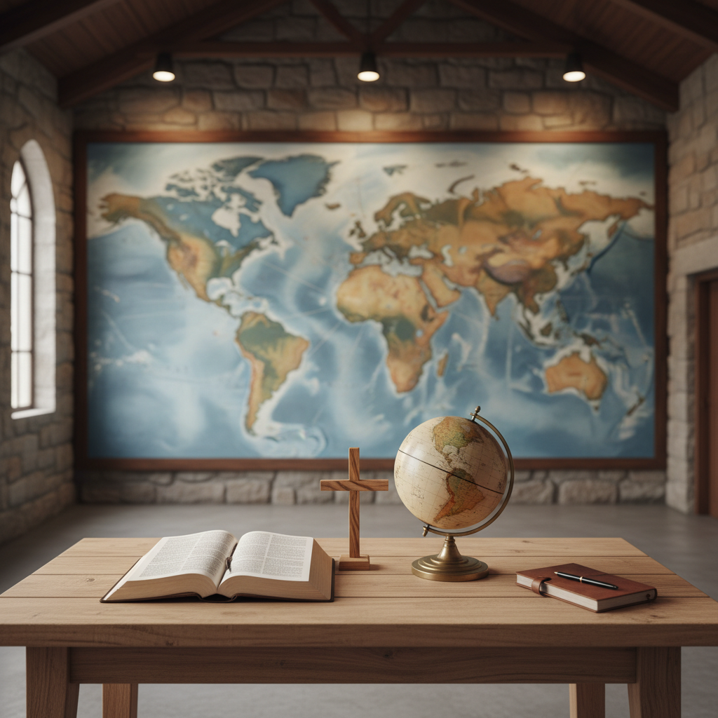 A world map mural in muted blues and earth tones covering a large wall inside a church meeting room, representing global evangelistic mission. In front of the map stands a simple wooden table holding an open Spanish Bible, a small rustic wooden cross, and a globe with a slightly aged finish. A notebook and pen rest neatly beside them, suggesting planning and prayer. Soft overhead lighting and indirect daylight from a side window bathe the scene in a gentle, contemplative glow. Captured from a slightly elevated angle with a moderate depth of field, the composition keeps the Bible and globe in sharp focus while the map softly blurs, creating a professional, purposeful atmosphere centered on Christian mission and outreach.