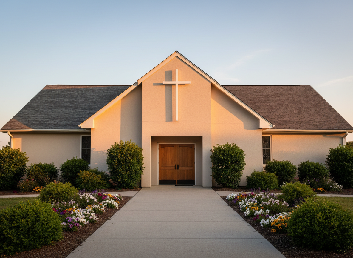 An exterior view of a modest evangelical church building at golden hour, photographed with no people present. The structure has light-colored stucco walls, a simple peaked roof with dark tiles, and a tall, slender white cross mounted above the main entrance. A clean, paved walkway leads from the foreground to the doorway, framed by neatly trimmed shrubs and small flower beds. The setting sun casts a soft golden glow across the facade, creating gentle shadows that emphasize architectural lines. The sky is clear with subtle pastel gradients. Shot from a slightly low angle with a centered composition, photographic realism, the mood is hopeful and inviting, portraying a mission-oriented Christian community space in a professional, trustworthy manner.