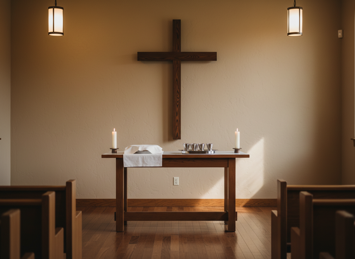 A simple wooden communion table set at the front of a church, captured without people in photographic realism. On the table rests a polished silver communion tray with small cups, beside a covered plate representing bread beneath a clean white linen cloth. A dark wooden cross hangs on the softly textured wall behind, and two unlit white candles stand symmetrically at each end of the table. Overhead, gentle warm lighting combines with faint natural daylight from an unseen side window, casting soft, reverent shadows. The composition uses the rule of thirds with a moderate depth of field, keeping the table in crisp focus while the background fades slightly, creating a calm, sacred atmosphere appropriate for a professional evangelical mission church site.