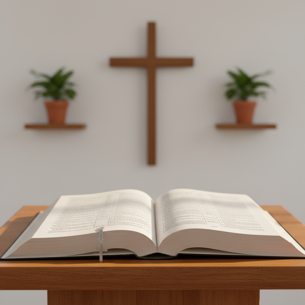 A close-up, photographic image of an open Spanish Bible resting on a smooth wooden church lectern, pages slightly curved and filled with fine, readable text. A simple metal bookmark with a small cross charm peeks from between the pages. Behind it, softly blurred, stands a white wall with a minimalist wooden cross and a pair of potted green plants on small shelves. Warm, diffused morning light from a side window grazes the thin paper, creating delicate highlights and shadows between the lines of text. Captured at a shallow depth of field from a three-quarter angle, this clean, professional composition emphasizes the centrality of Scripture in a mission-focused evangelical Christian institution.