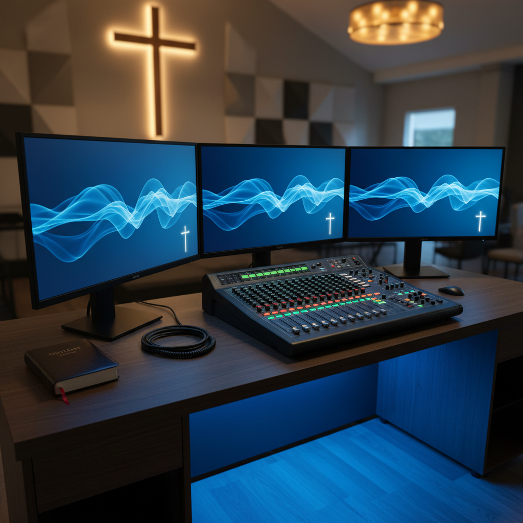 A modern church media desk setup designed for livestreaming services, shown without any operators. Multiple flat-screen monitors display clean, abstract waveforms and a subtle cross icon on blue backgrounds. A professional audio mixer with glowing LED levels, a neatly coiled microphone cable, and a closed Spanish Bible with a ribbon marker sit on the dark wood desk. LED accent lighting under the desk casts a soft blue glow, while overhead warm lighting balances the scene, preventing it from feeling cold. Captured from a three-quarter angle with moderate depth of field, the image combines sharp detail on the equipment with a gently blurred background of acoustic panels and a faintly visible cross, conveying a technologically equipped yet spiritually grounded evangelical mission church.
